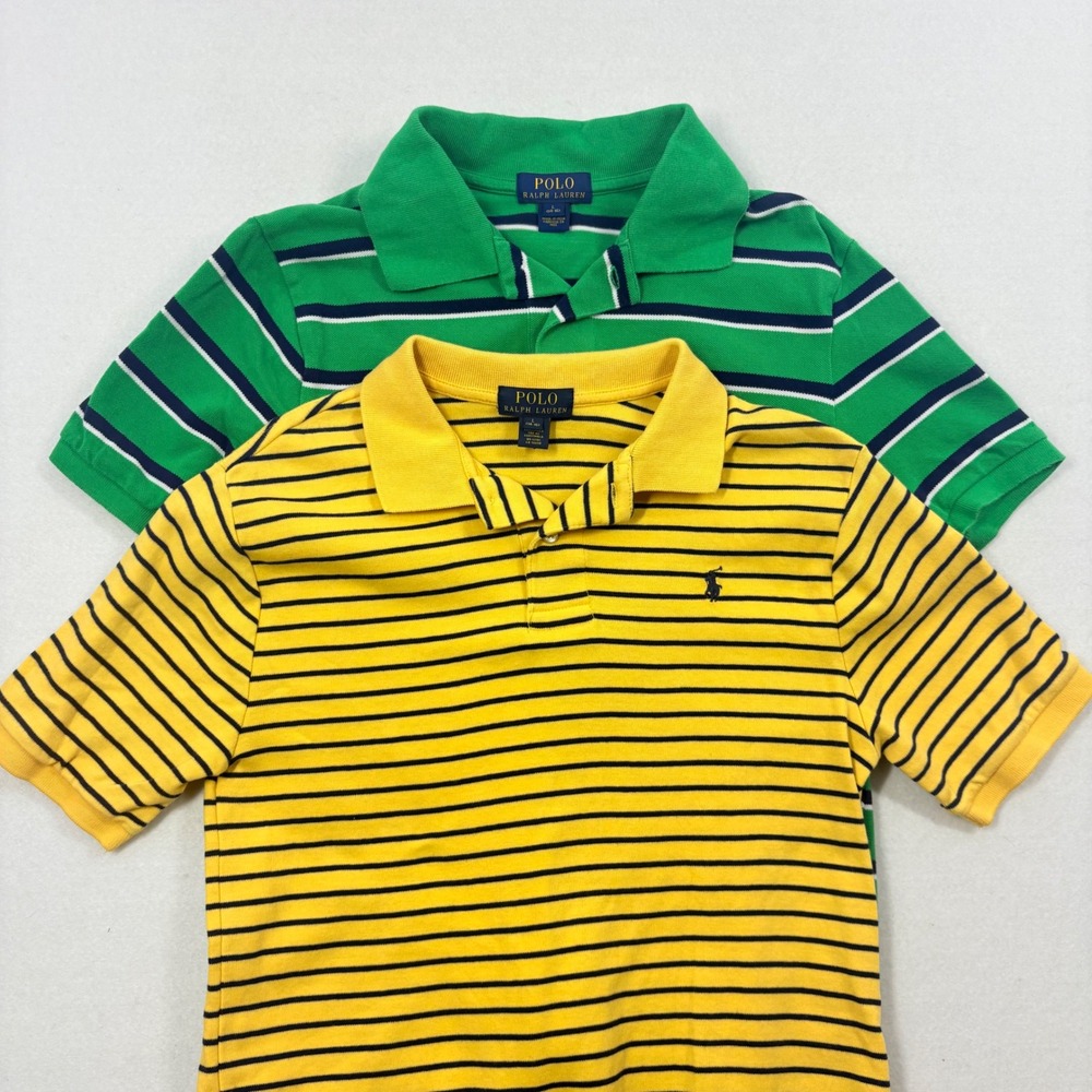 Polo Ralph Lauren Boys Large 14-16 Yellow Green Striped Short Sleeve Polo Shirts
